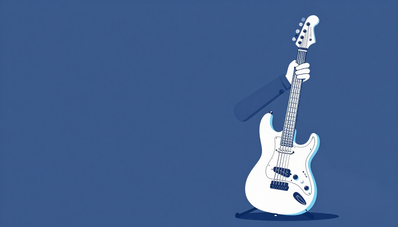 A bassist's hand transitioning from an electric guitar to a compact bass guitar on a stand nearby