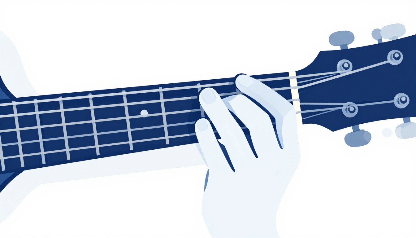 An extreme close up of an index finger pressed flat and slightly angled across all six strings at the first fret of a guitar neck