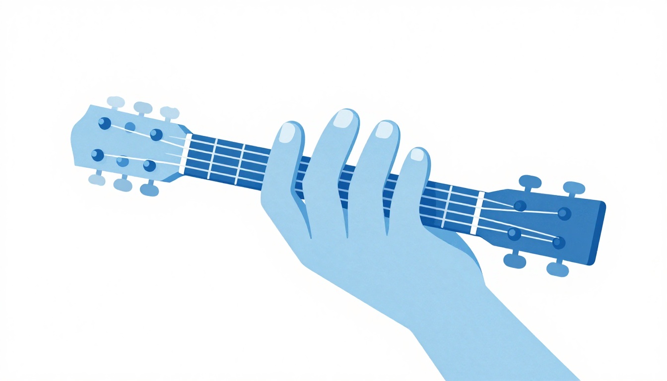 A close up of a left hand playing a small three finger chord shape on the top strings near the first three frets of a guitar neck, no barre