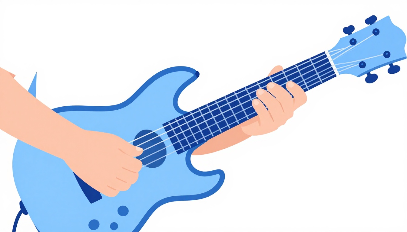 A close-up of a left hand fingering an open G major chord on an acoustic guitar neck