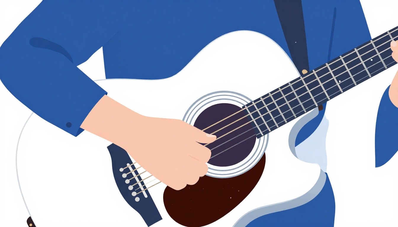 A close-up of a right hand picking a single high string near the soundhole of an acoustic guitar