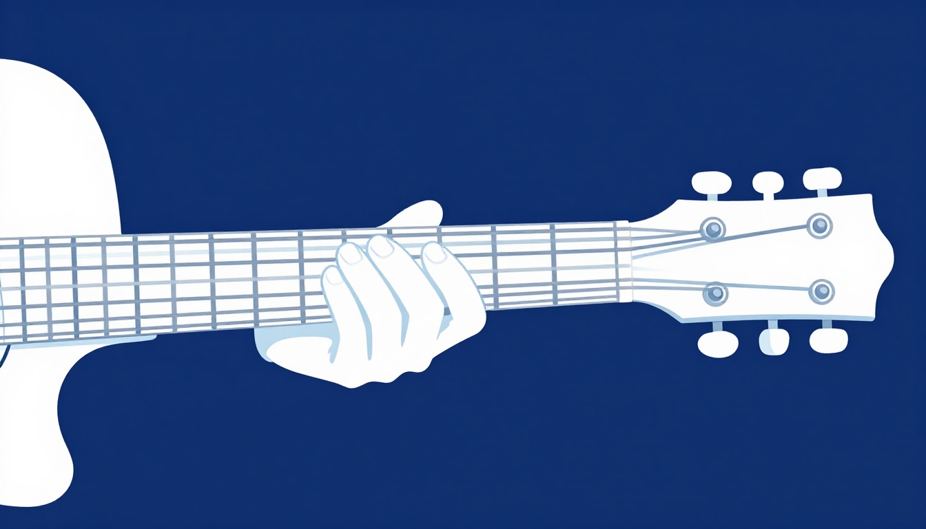 A close-up of a left hand fretting a note high on the neck of an acoustic guitar, around the eighth fret
