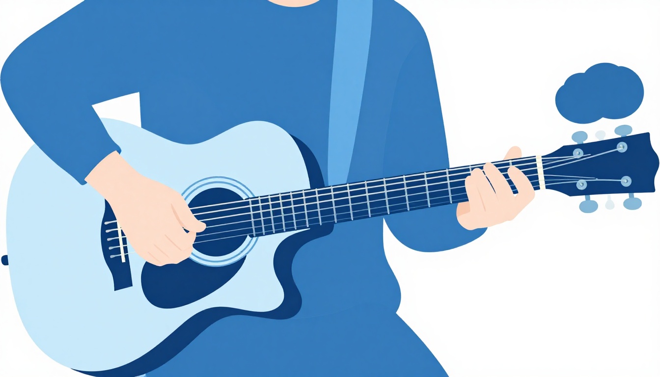 A close-up of a left hand fretting a note in open position near the nut of an acoustic guitar