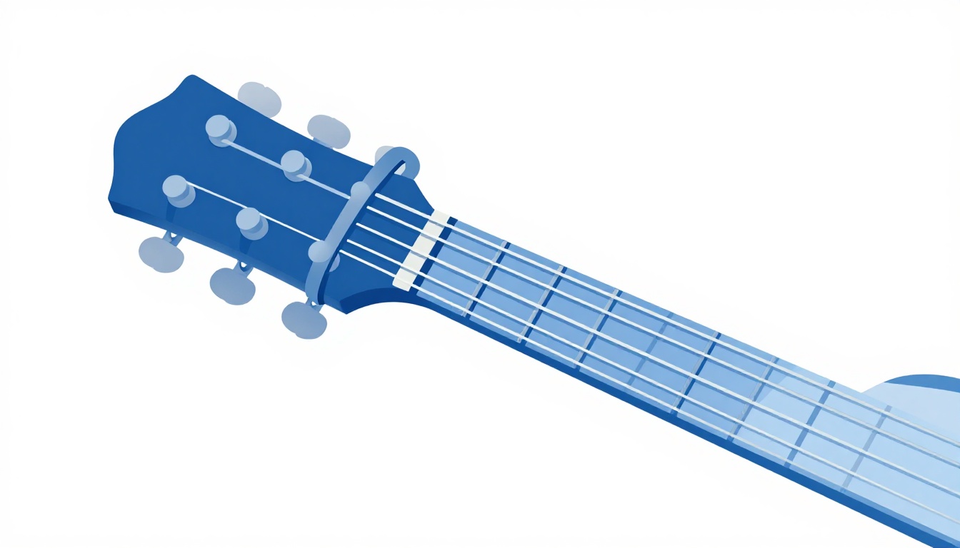 A close-up of a capo clipped onto the second fret of an acoustic guitar neck