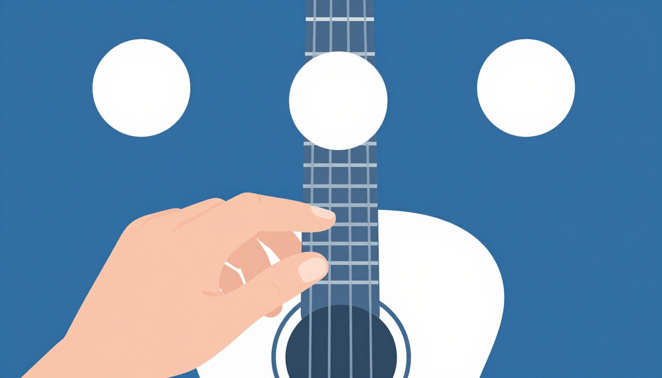 A close up of a left hand fingering an open G chord on an acoustic guitar neck