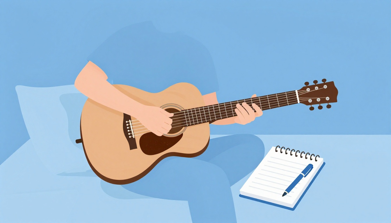 A person sitting on a bed practicing acoustic guitar with a notebook and pen beside them