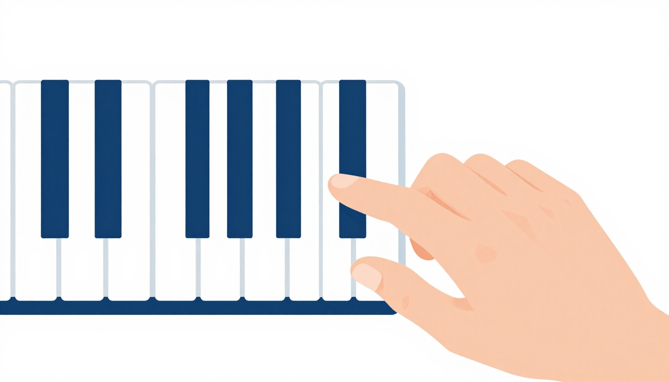 A close up of a right hand pressing three white piano keys together with thumb, middle finger and pinky, forming a triad