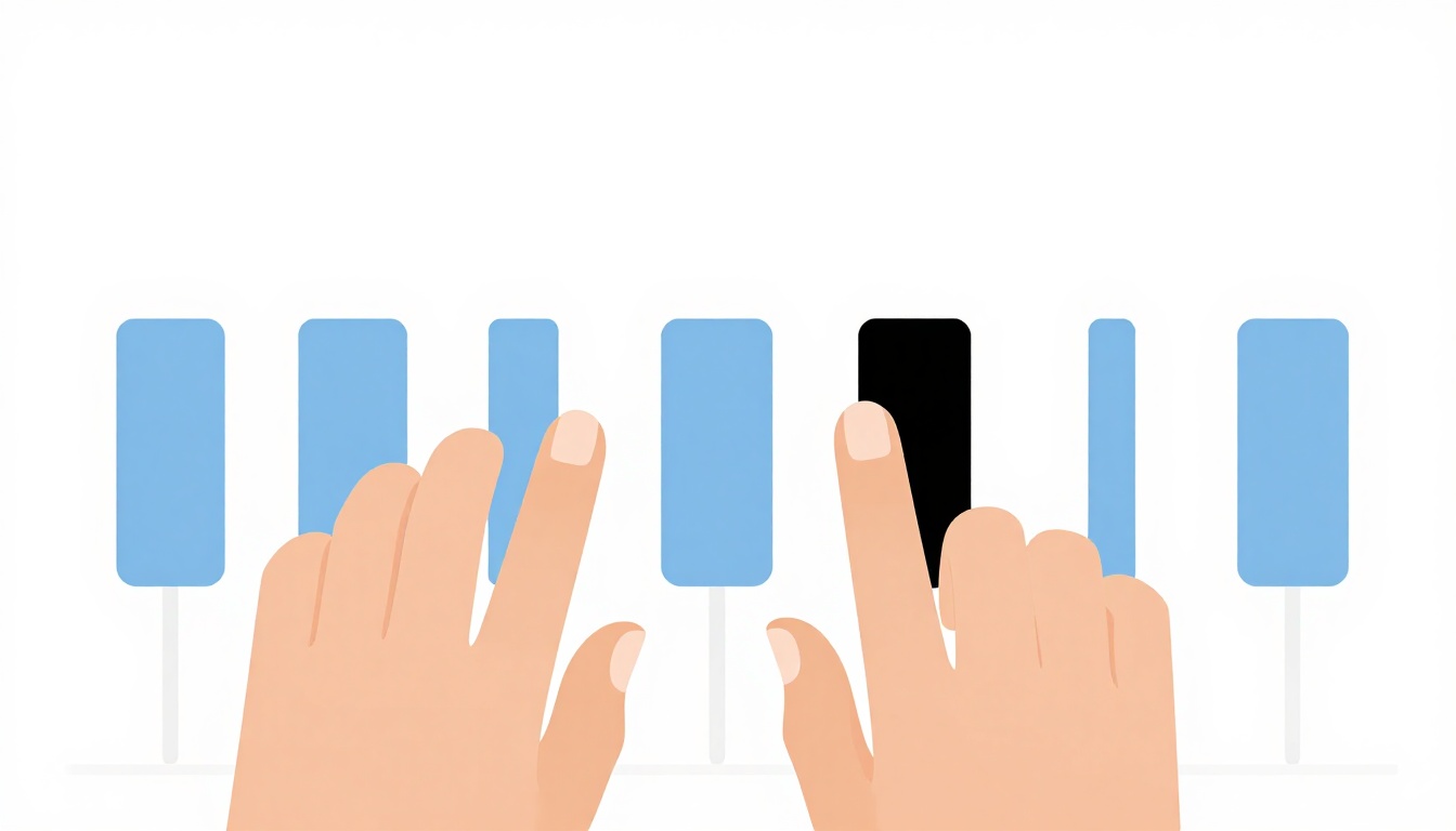 A close up of a hand playing a piano chord that includes a black key, four fingers spread across the keyboard