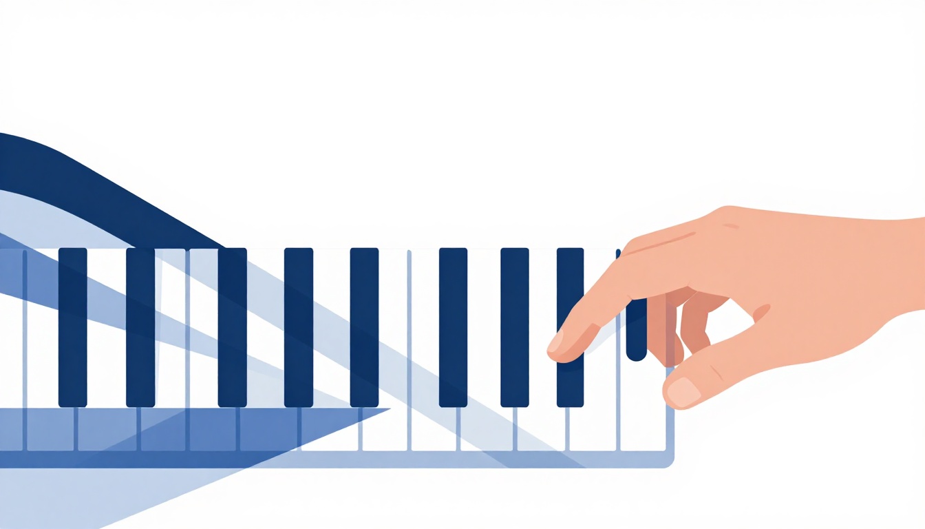 A close up of a pianist's left hand playing a single low note while the right hand plays a full chord higher on the keyboard