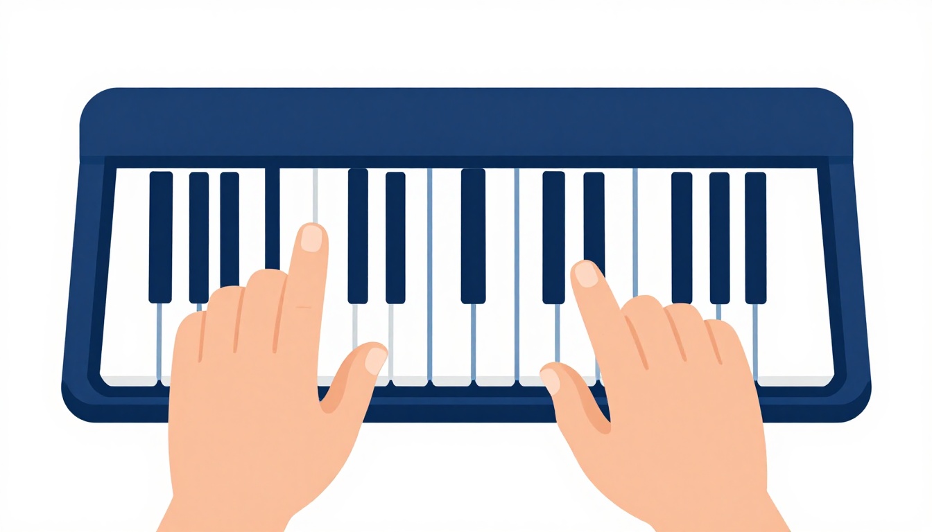 A split image of a hand fingering an open chord shape on a guitar neck beside a hand pressing keys on a piano keyboard