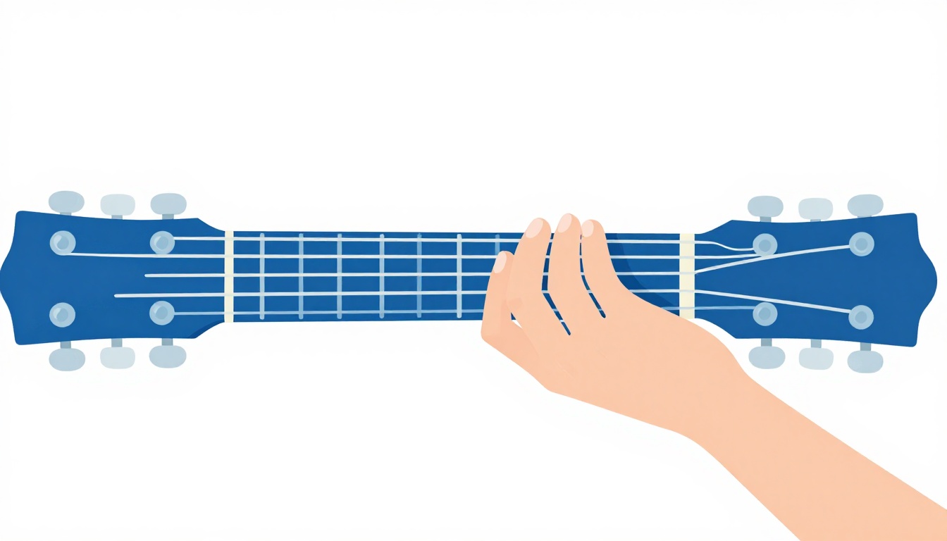 A hand fretting an open E minor chord on an acoustic guitar neck