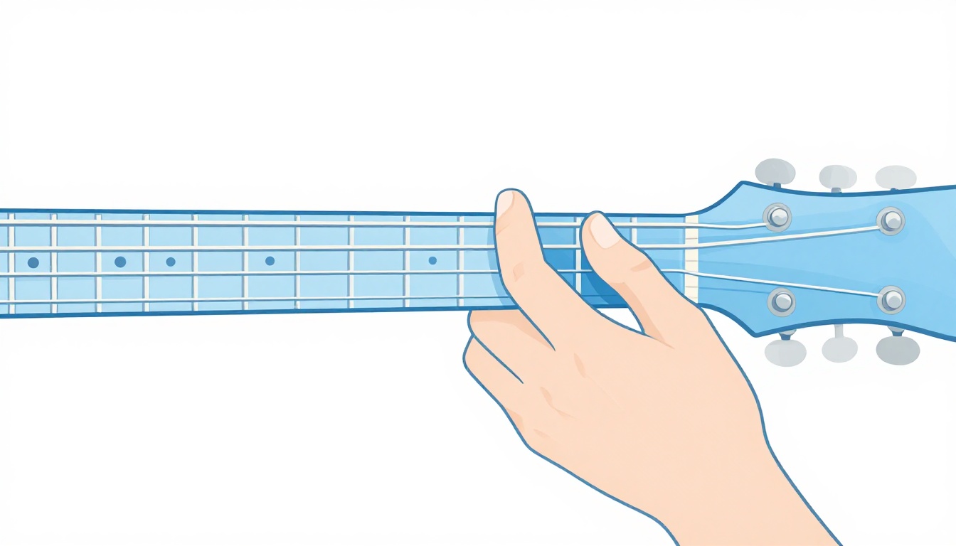 A close up of a left hand barring a chord shape across an electric guitar neck near the second fret