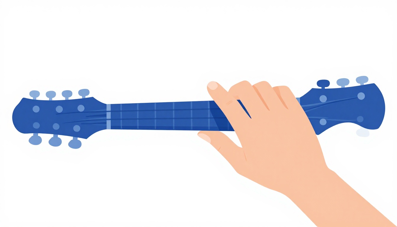 A hand fretting an open chord low on an electric guitar neck