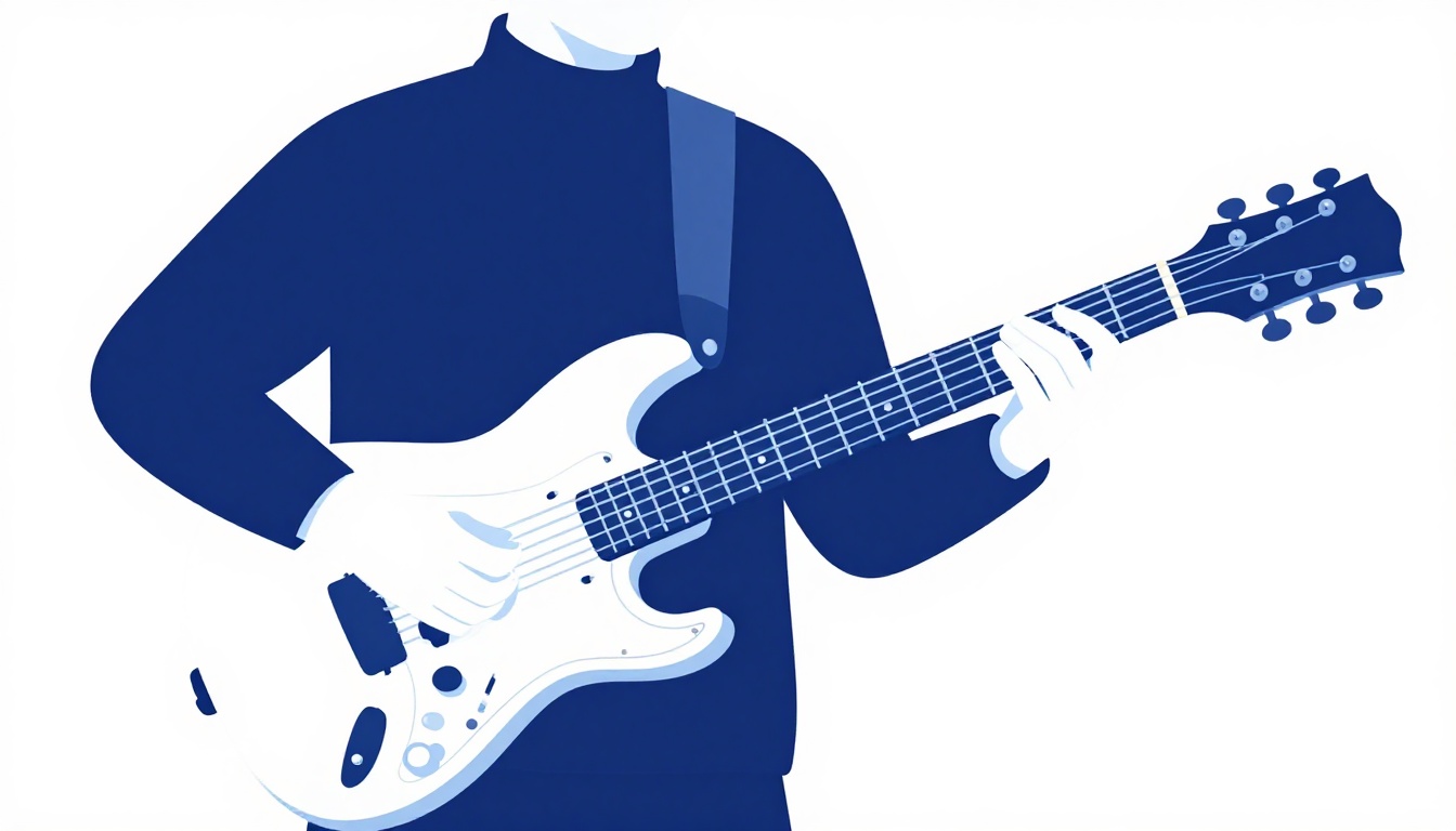 A hand strumming across electric guitar strings with visible motion