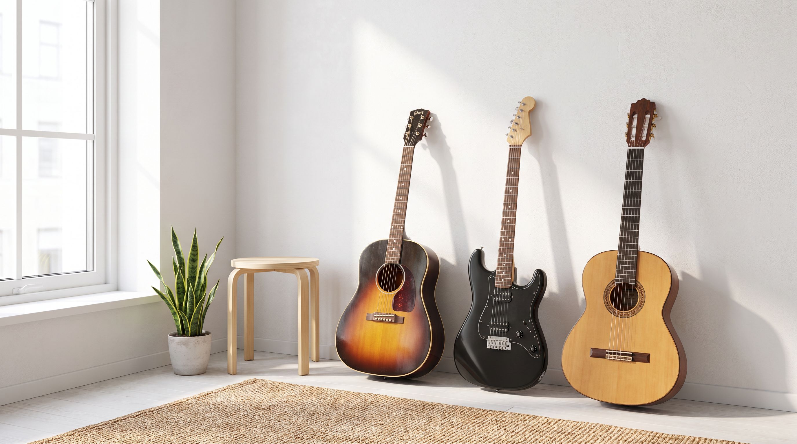 Acoustic, electric, and classical guitars against a clean wall