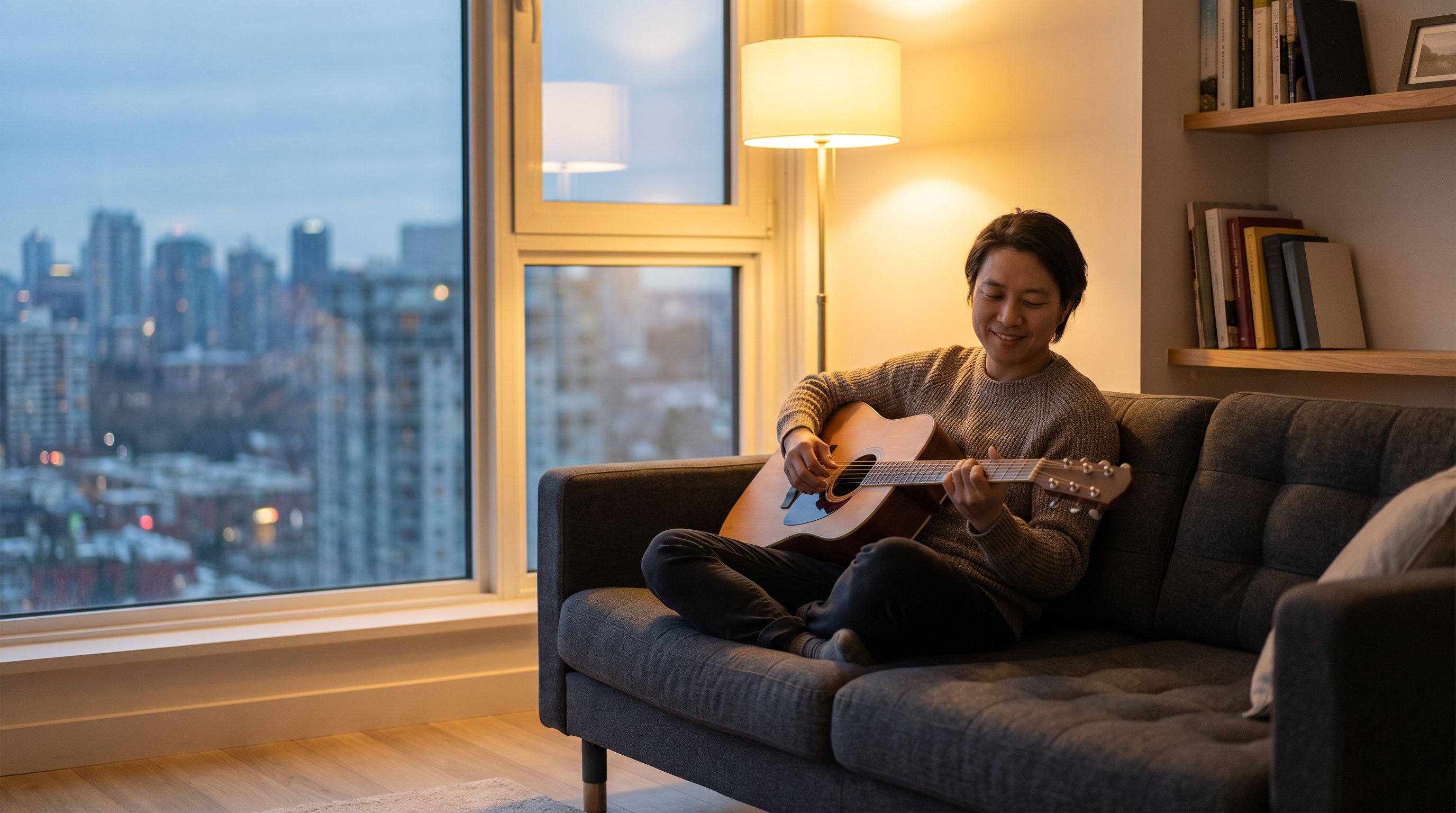 Person finishing a song on guitar at home